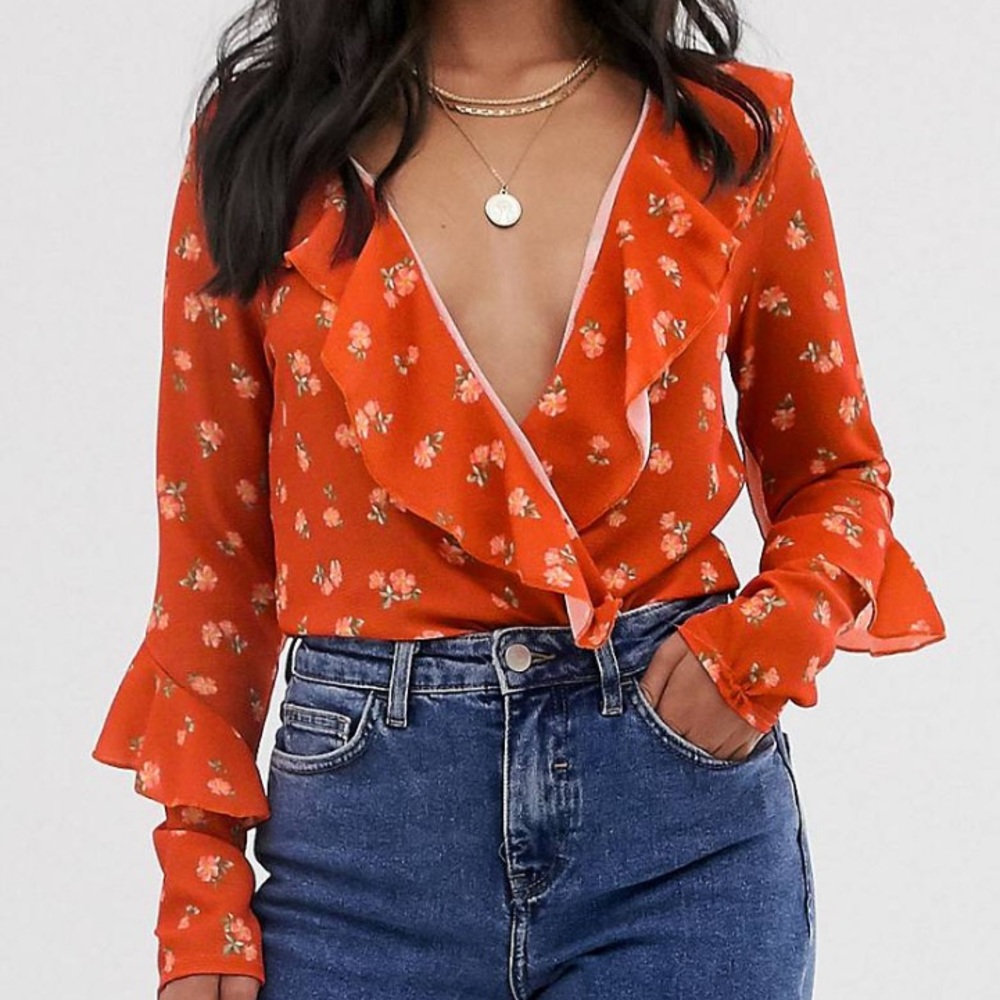 Missguided petite wrap bodysuit in orange floral print size small